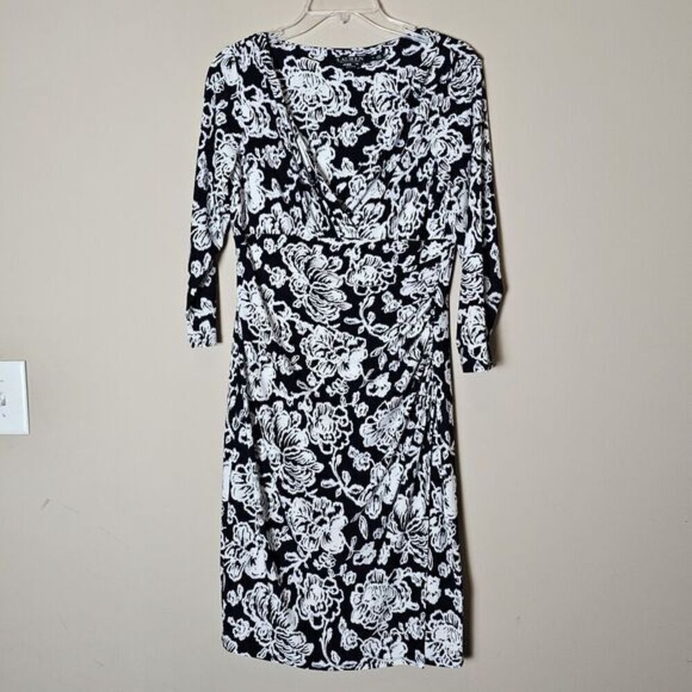 Lauren Ralph Lauren Size 10 Black & White Floral Long Sleeve Midi‎ Wrap Dress